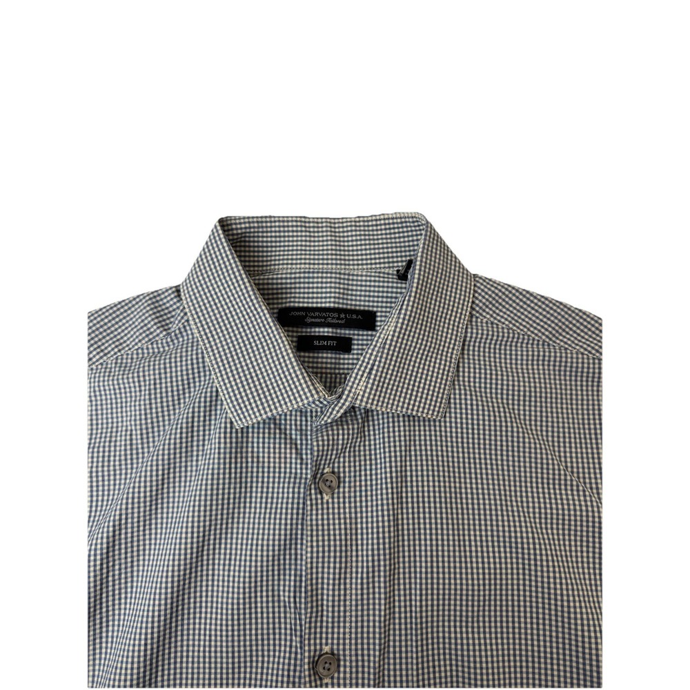 John Varvatos Slim Fit Blue/White Gingham Stretch Dress Shirt 15.5 34/35